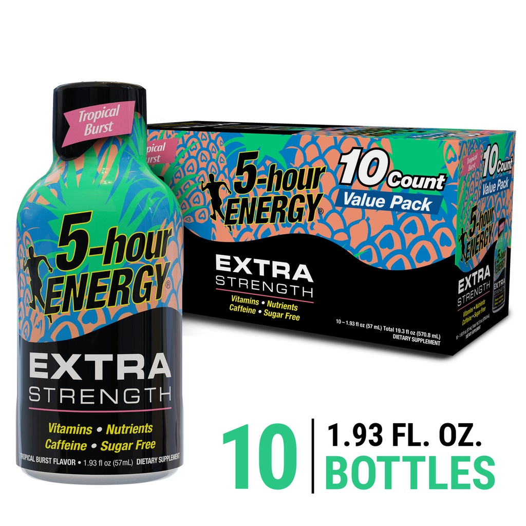 5-Hour Energy Shot, Extra Strength, Tropical Burst Flavor Sugar Free 10 Count 570ml